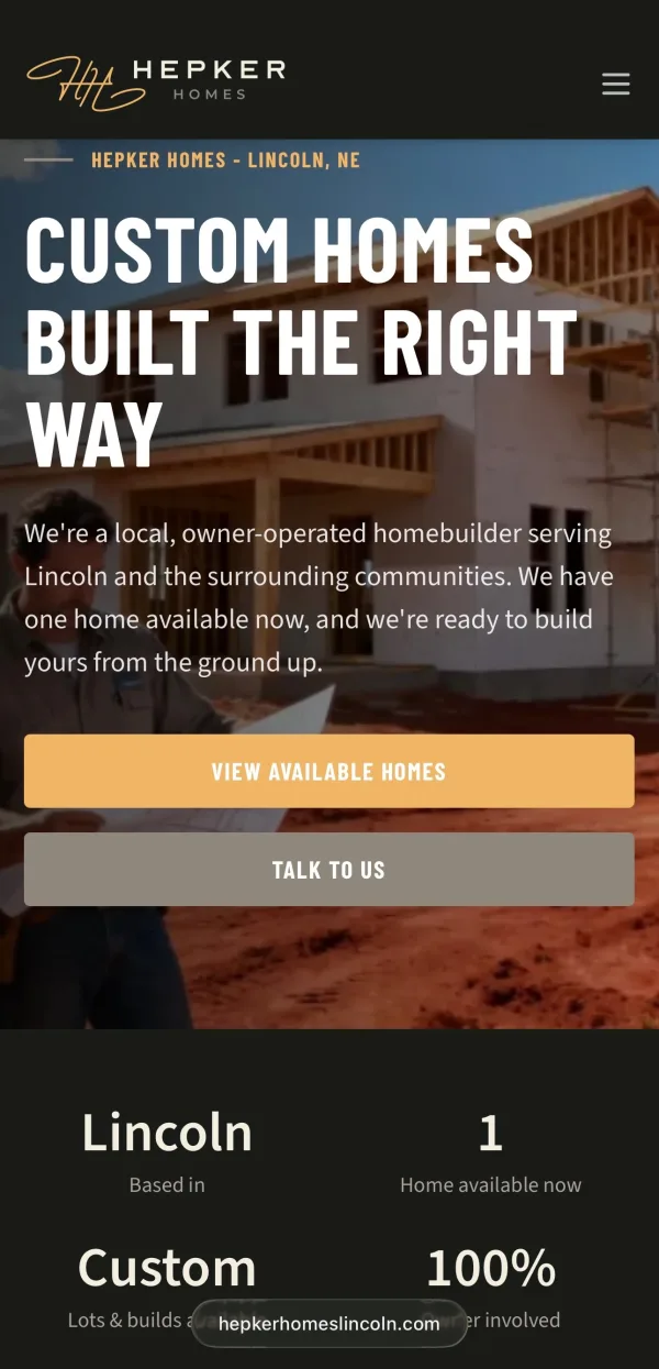Hepker Homes website on mobile