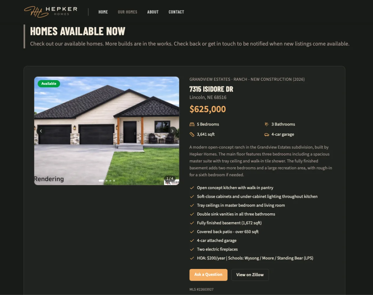 Hepker Homes website on desktop